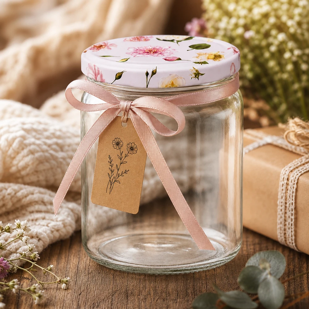 408ml Rundglas rosa Blumendeckel BasicSeal dekorativ arrangiert mit Schleife Anhänger Geschenkverpackung Einmachglas