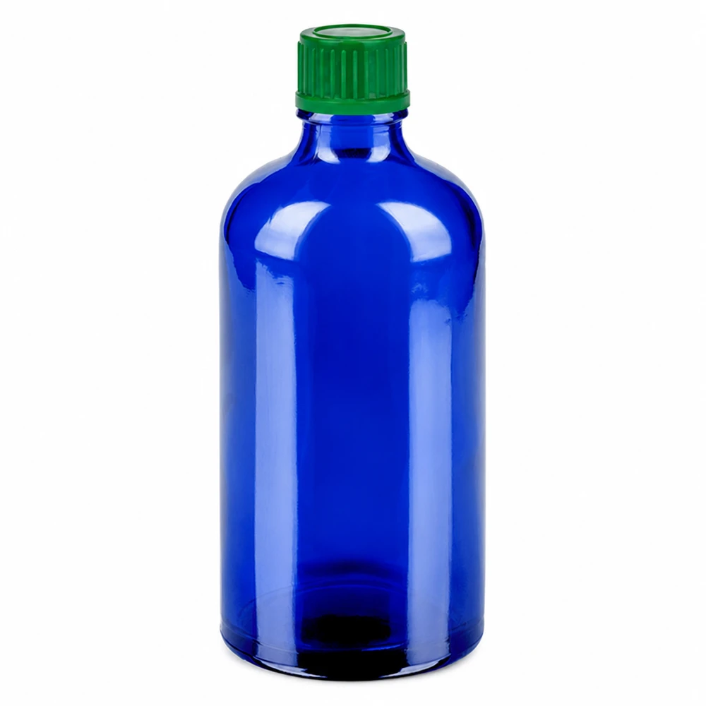 Kompakte blaue 100ml Flasche mit 11mm Gewinde perfekt für Apotheke und Labor