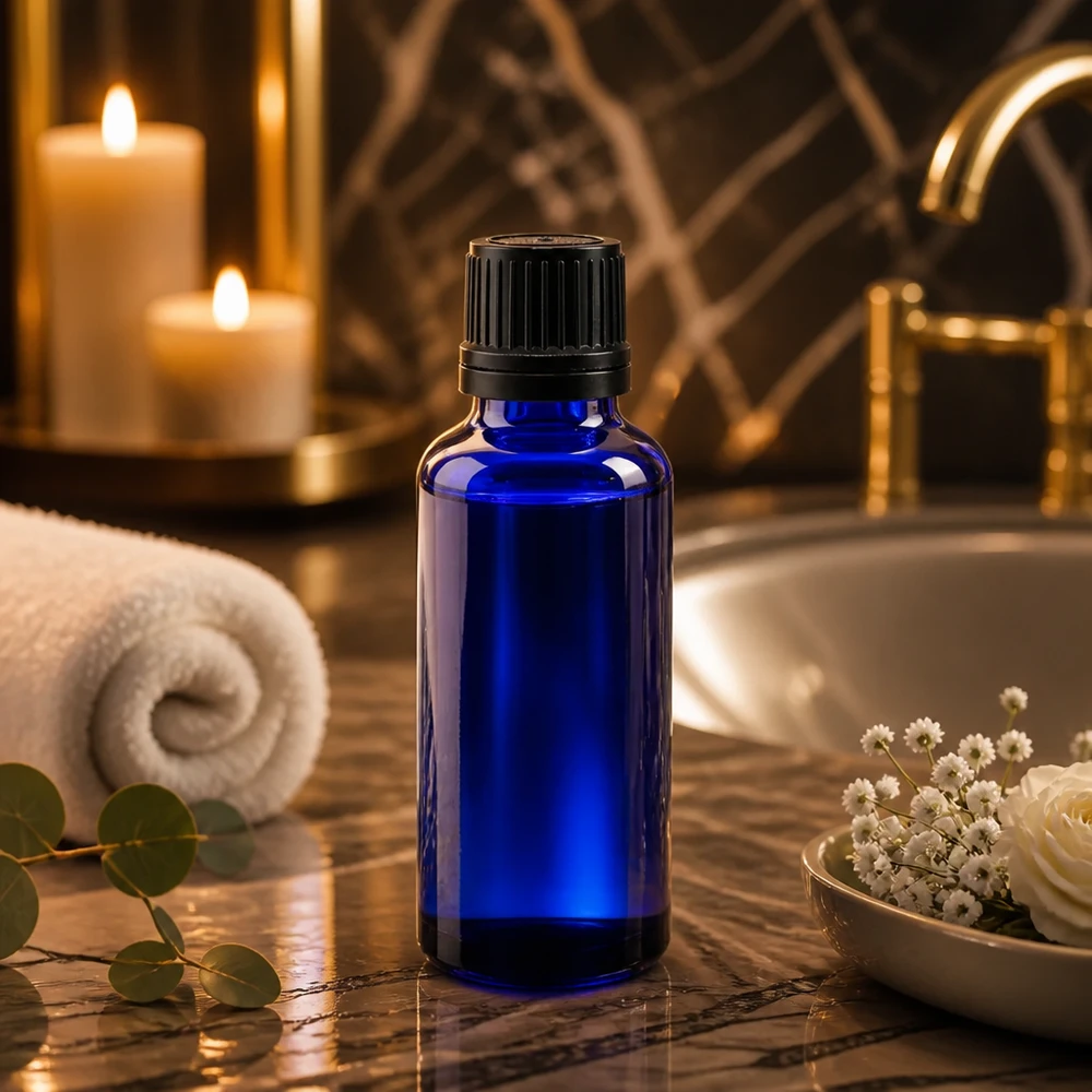 Apothekenflasche blau 30ml Tropfverschluss Giessring 1mm schwarz Originalitätsverschluss Hochwertige 30ml Tropfflasche aus blauem Apothekenglas mit geripptem Sicherheitsverschluss