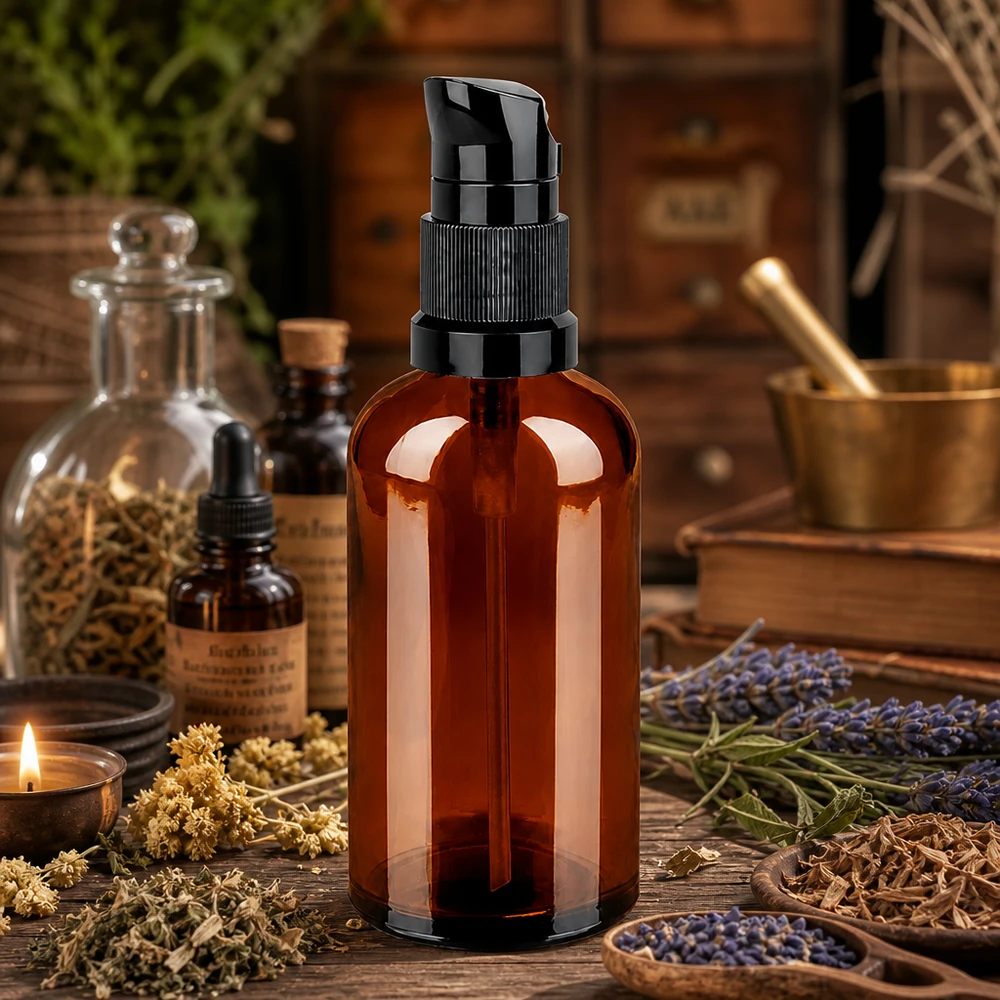 Stilvolle 100ml Pumpflasche in Bernsteinbraun mit mattschwarzem Spenderkopf für edle Präsentation