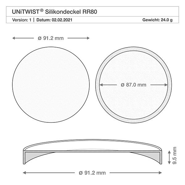 Silikondeckel weiß UNiTWIST für WECK RR80 Technische Zeichnung UNiTWIST Silikondeckel RR80 mit Maßangaben 91,2mm Außendurchmesser 87mm Innendurchmesser