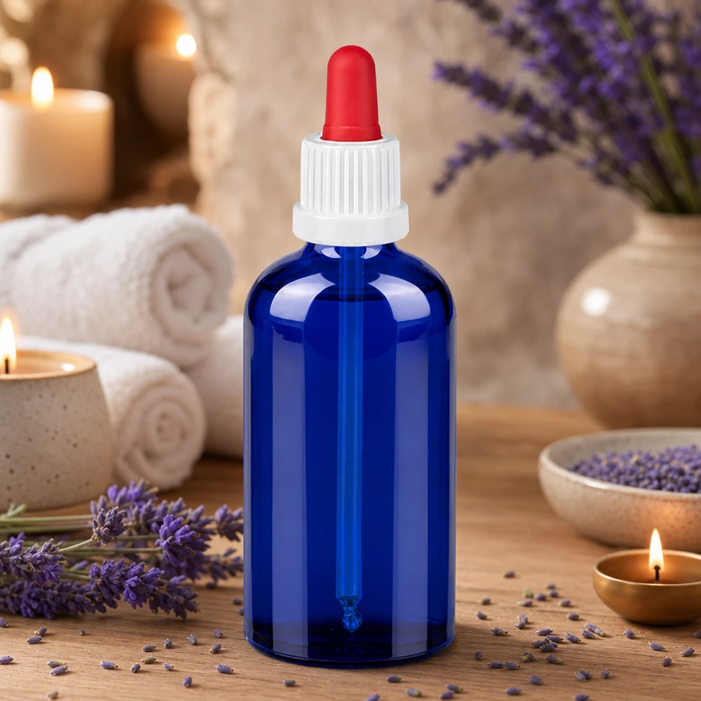 100ml Pipettenflaschwarz weiß/rot Originalitätsverschluss BlueLine UT18/100 Apothekerflasche 100ml aus getöntem Glas mit kindersicherem Verschluss und Tropfpipette