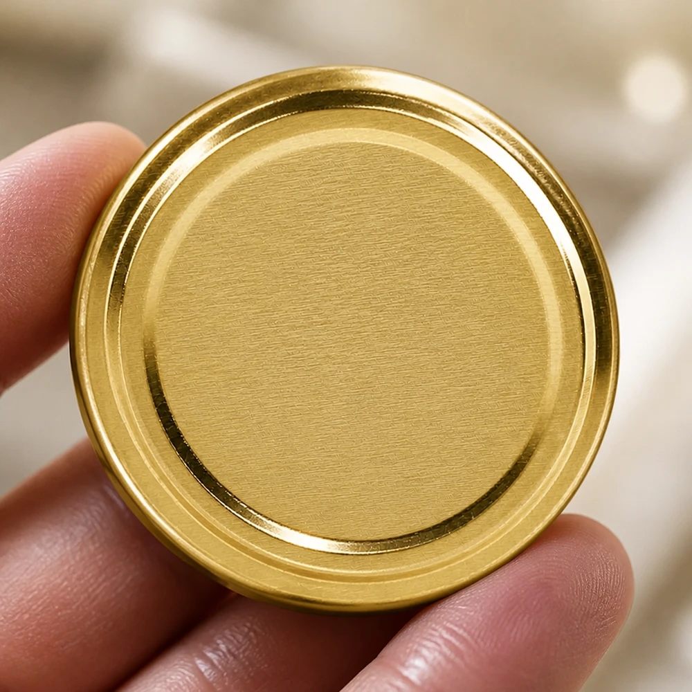 UNiTWIST TO82 gold, BioSeal, BPA-NI, unitemp TO82 Einmachdeckel gold zwischen Fingern gehalten Detailansicht Rillenstruktur unitemp BPA-NI