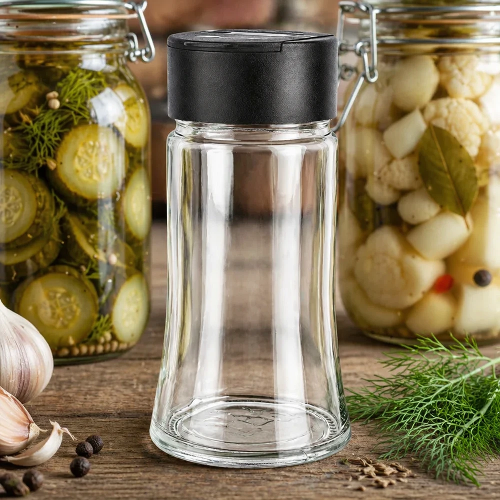 Salz-/Gewürzglas 95ml mit Doppelstreuer schwarz Kompakter Gewürzglasbehälter 95ml mit schwarzem Doppelstreuer neben frischem Dill und Pfeffer