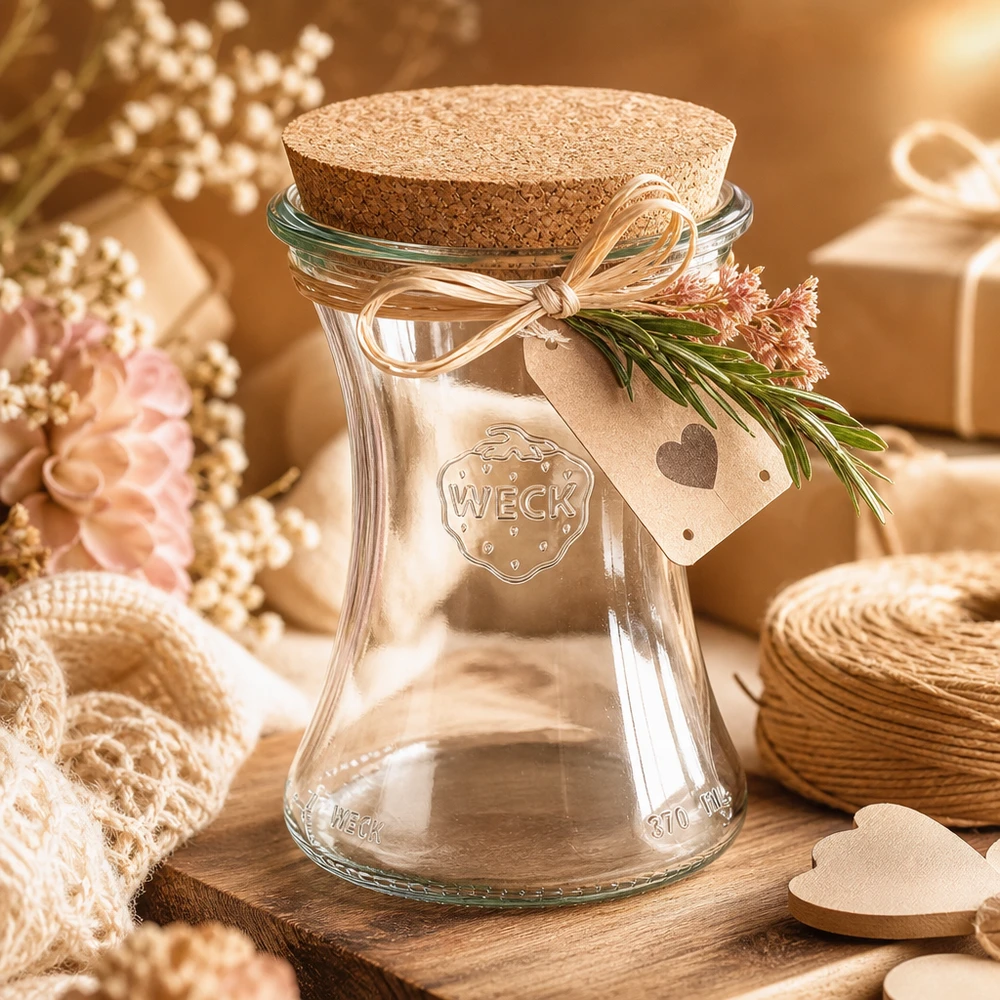 370ml Delikatessenglas WECK RR80 mit Korken natur WECK Delikatessenglas 370ml RR80 mit Korkdeckel als Geschenkverpackung mit Schleife und Herz-Anhänger
