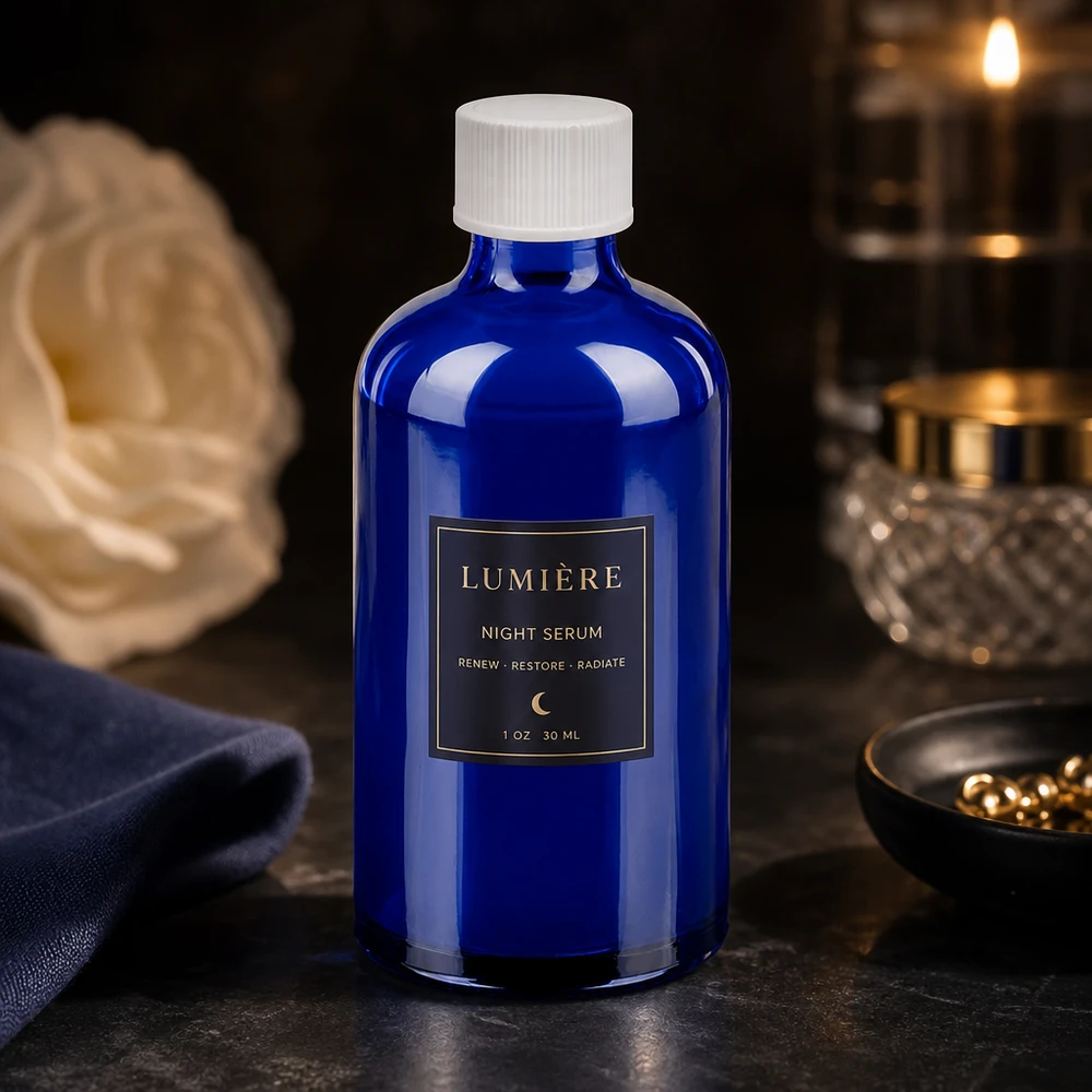 Nachhaltige Glasverpackung 100ml in Blau mit recyclebarem weißem Verschluss für Naturkosmetik