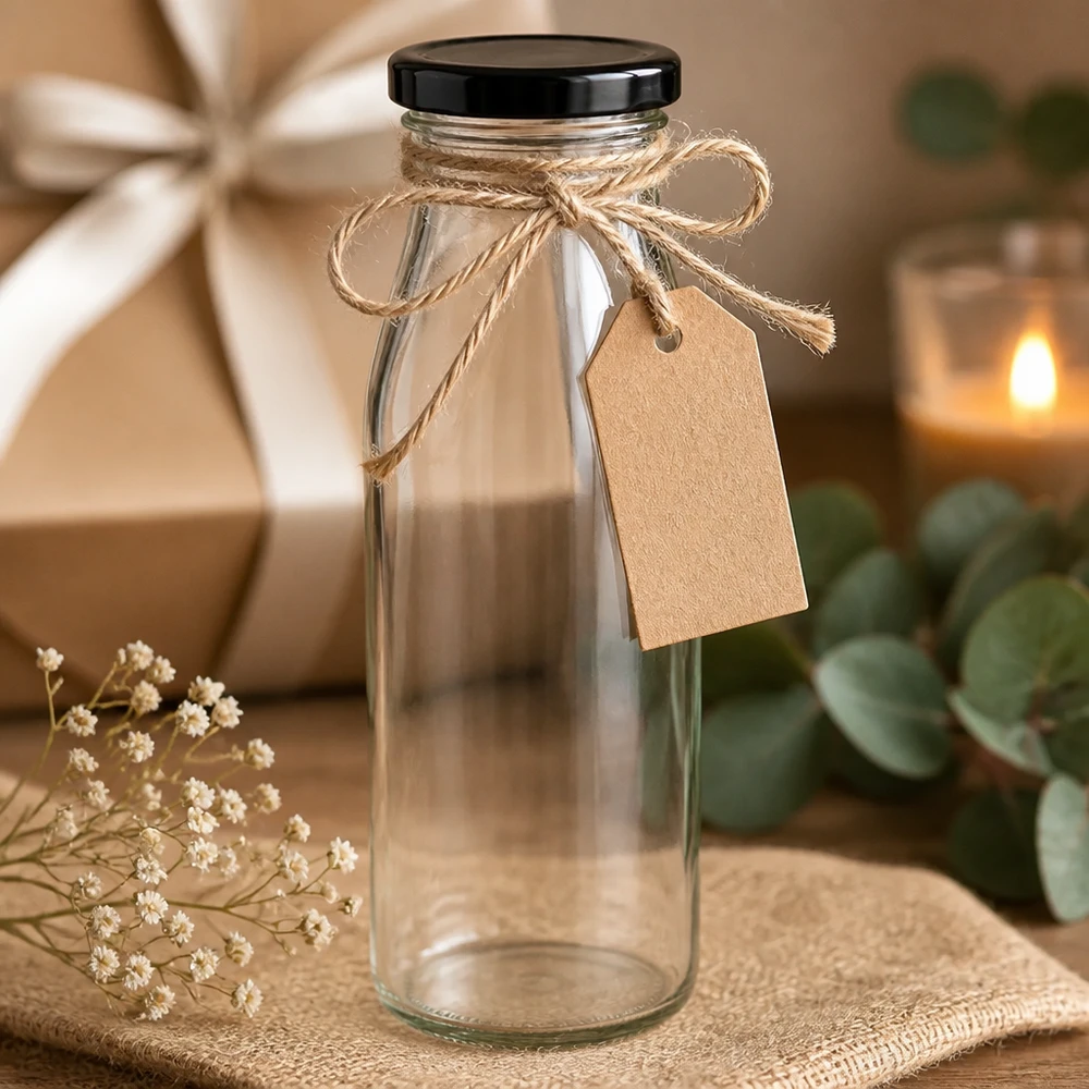 500ml Glasflasche mit schwarzem Deckel als Geschenk dekoriert mit Juteschnur und Geschenkanhänger rustikal