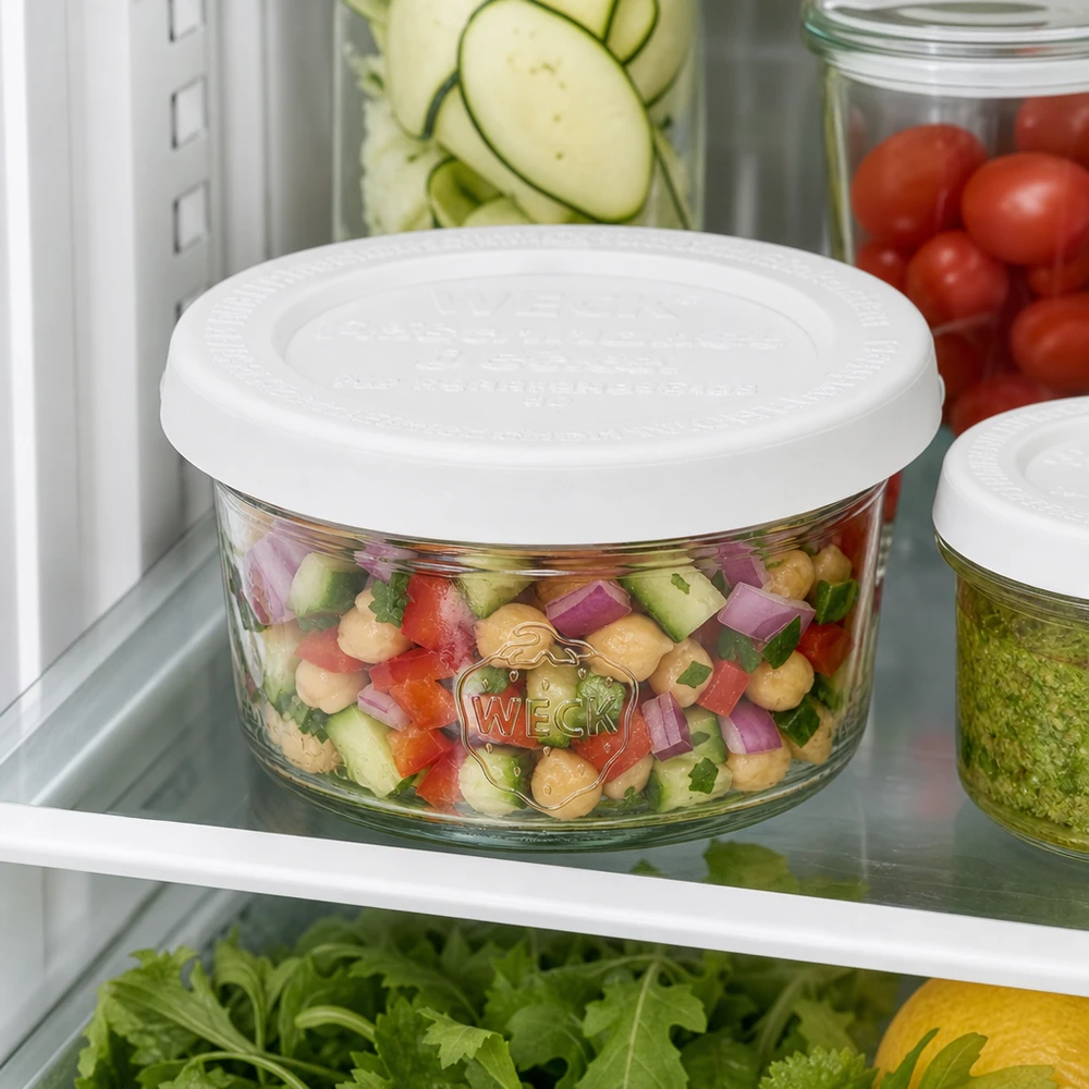 50ml Sturzglas mit Frischedeckel WECK RR60 WECK 50ml Sturzglas RR60 mit buntem Salat im Kühlschrank zwischen frischen Zutaten für praktische Meal Prep Aufbewahrung
