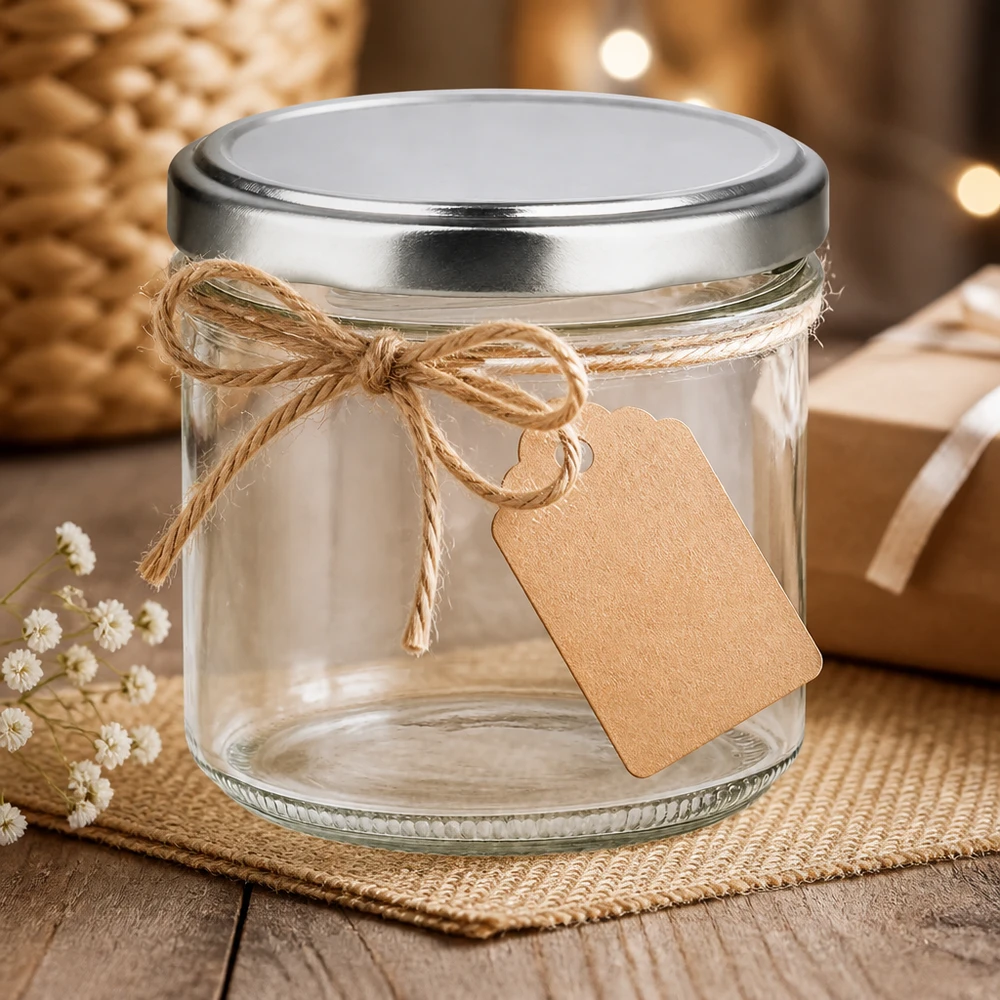 125ml Sturzglas 24er-Set mit Deckel (Deckelfarbe: silber) UNiTWIST Transparentes UNiTWIST Einweckglas 125ml runde Form silberner Deckel Holztisch Bokeh-Hintergrund