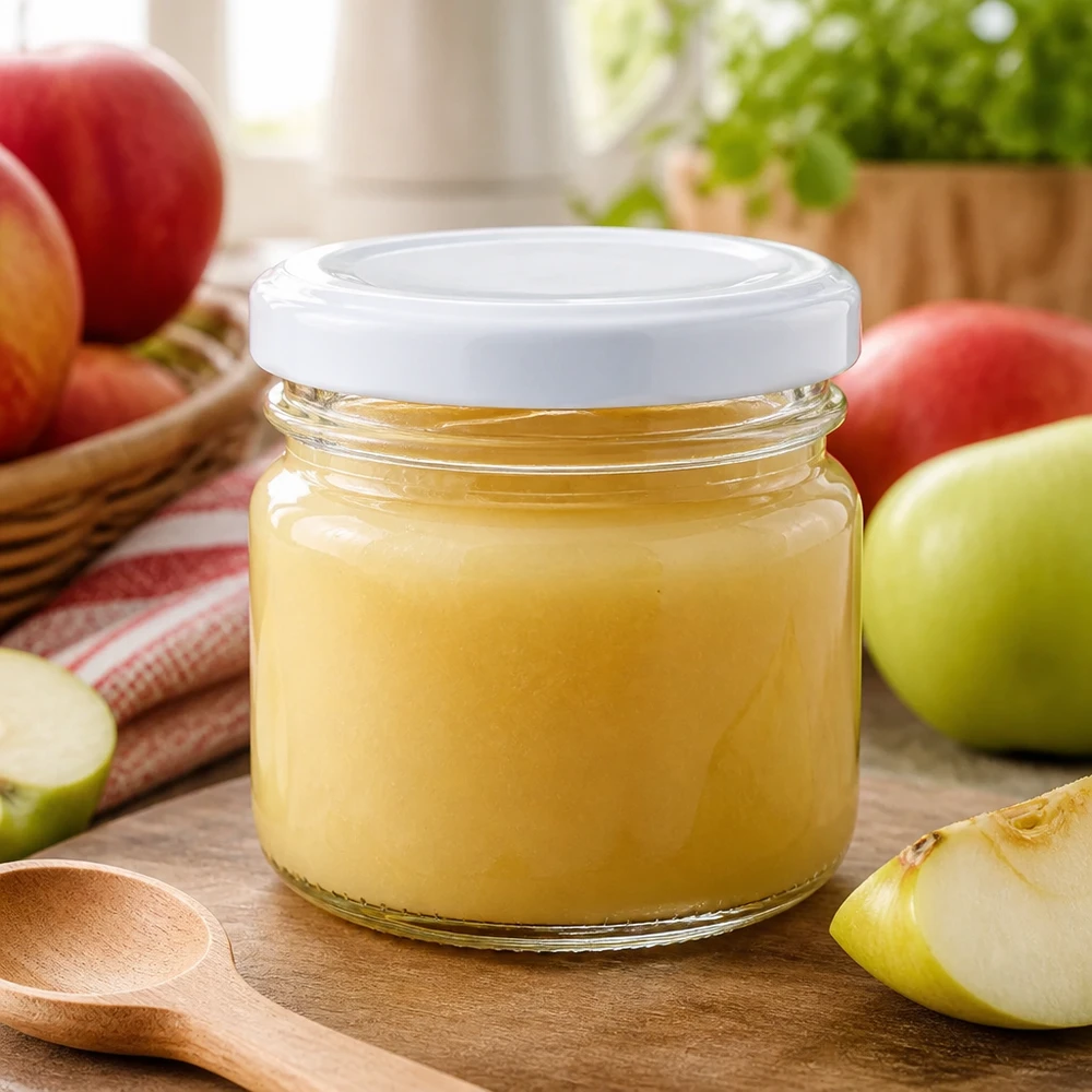 Apfelpüree frisch eingemacht im kleinen 33ml UNiTWIST Rundglas mit weißem Verschluss