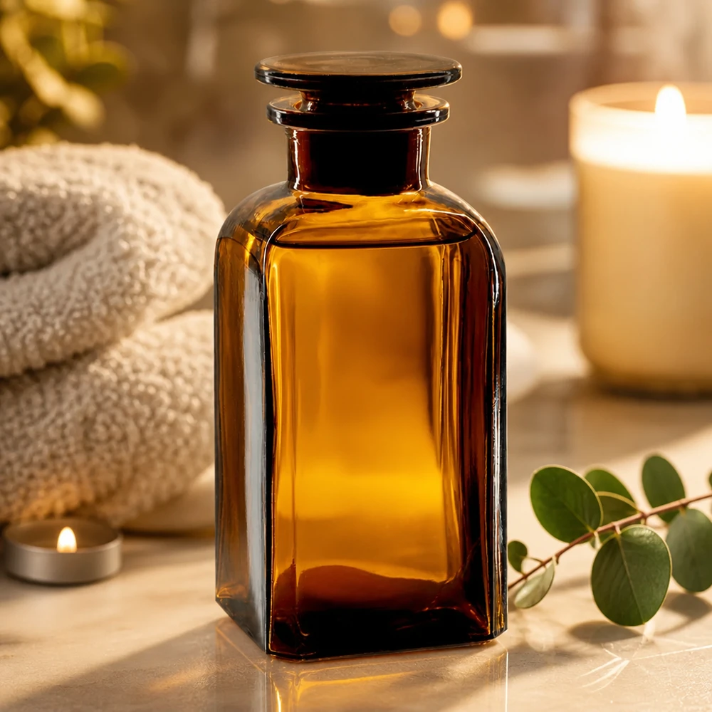 Braune Glasflasche 350ml Weithals quadratisch mit Stopfen für Aromatherapie und Wellness