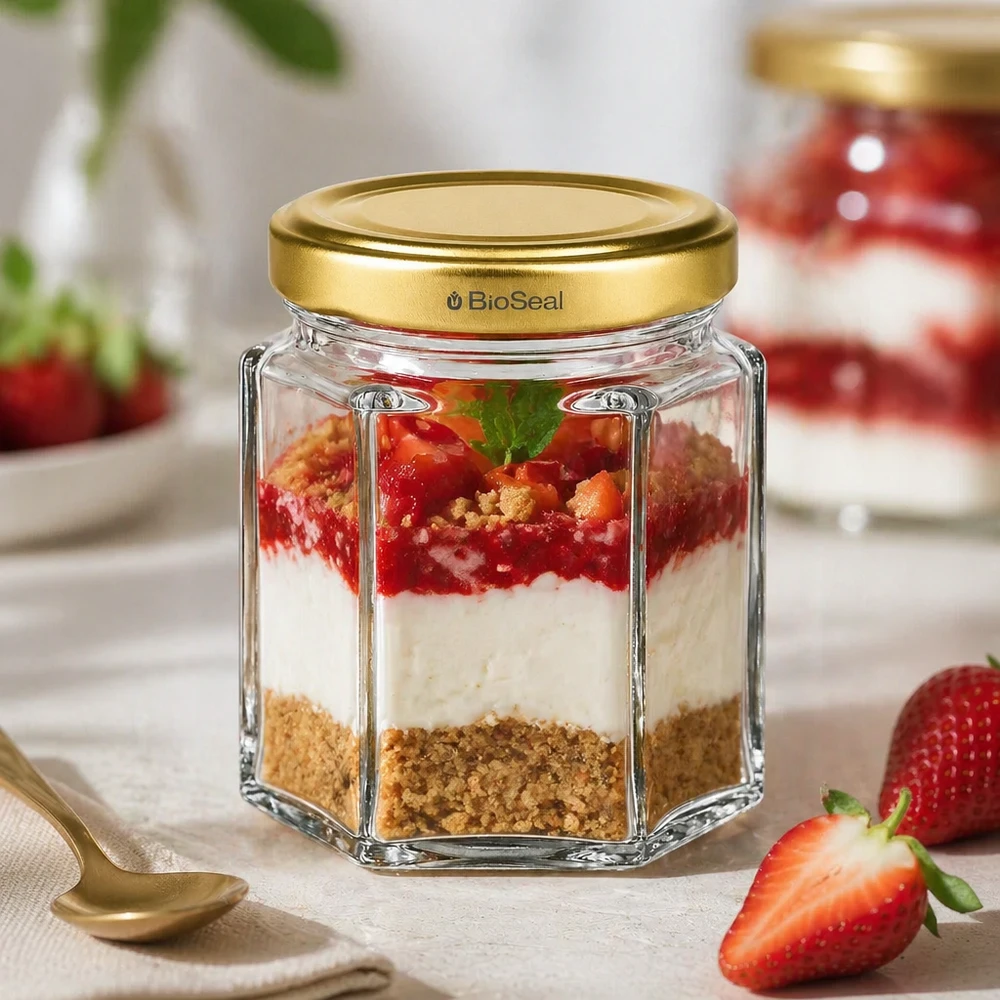 60g Honigglas mit goldenem Deckel BioSeal UNiTWIST BioSeal 60g Honigglas mit Schichtdessert Erdbeer-Cheesecake gefüllt neben goldenen Löffel und frischen Erdbeeren