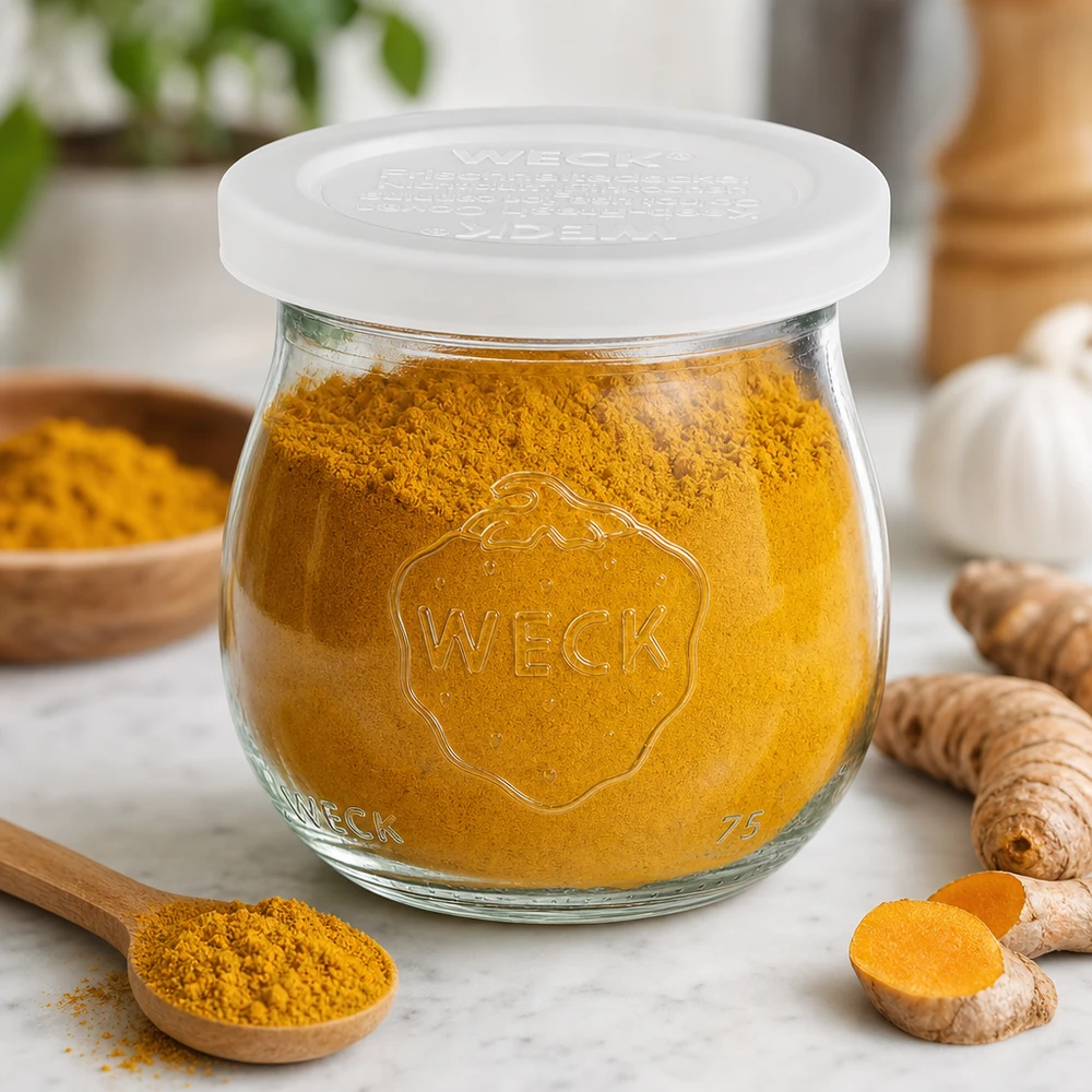 75ml Tulpenglas mit Frischedeckel WECK RR40 WECK Tulpenglas 75ml RR40 mit Kurkumapulver gefüllt neben frischen Kurkuma-Wurzeln und Holzlöffel auf Marmor