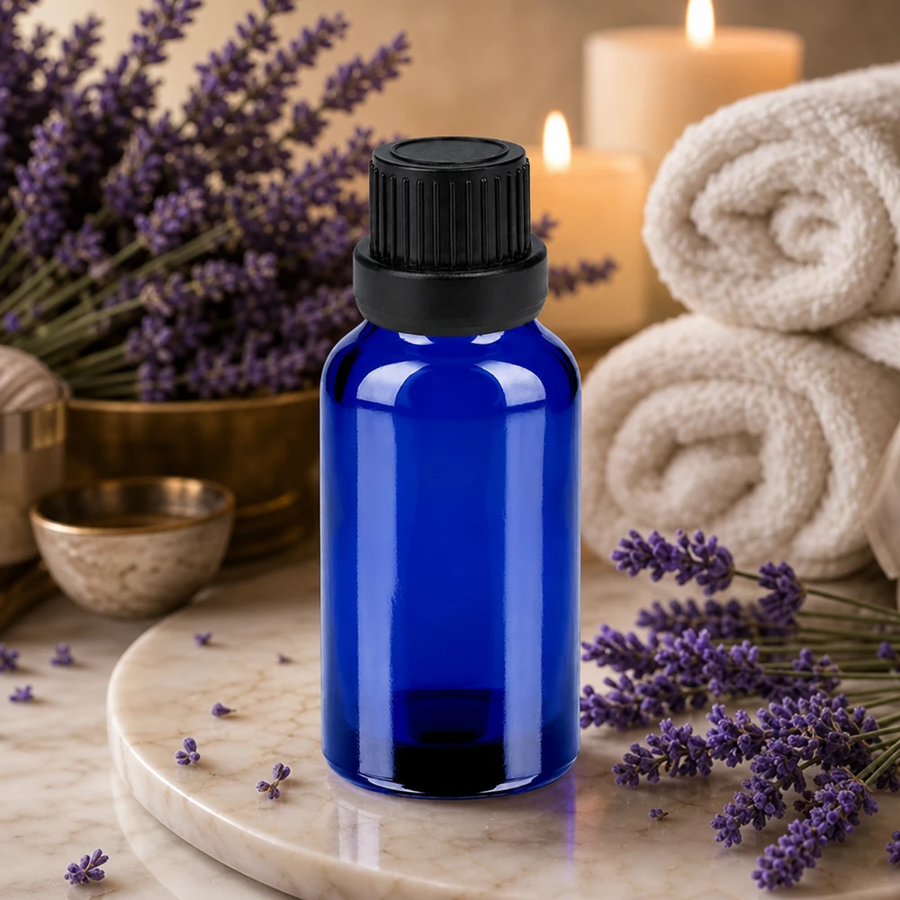 Elegante kobaltblaue 20ml Flasche mit mattem schwarzen Verschluss für Aromatherapie