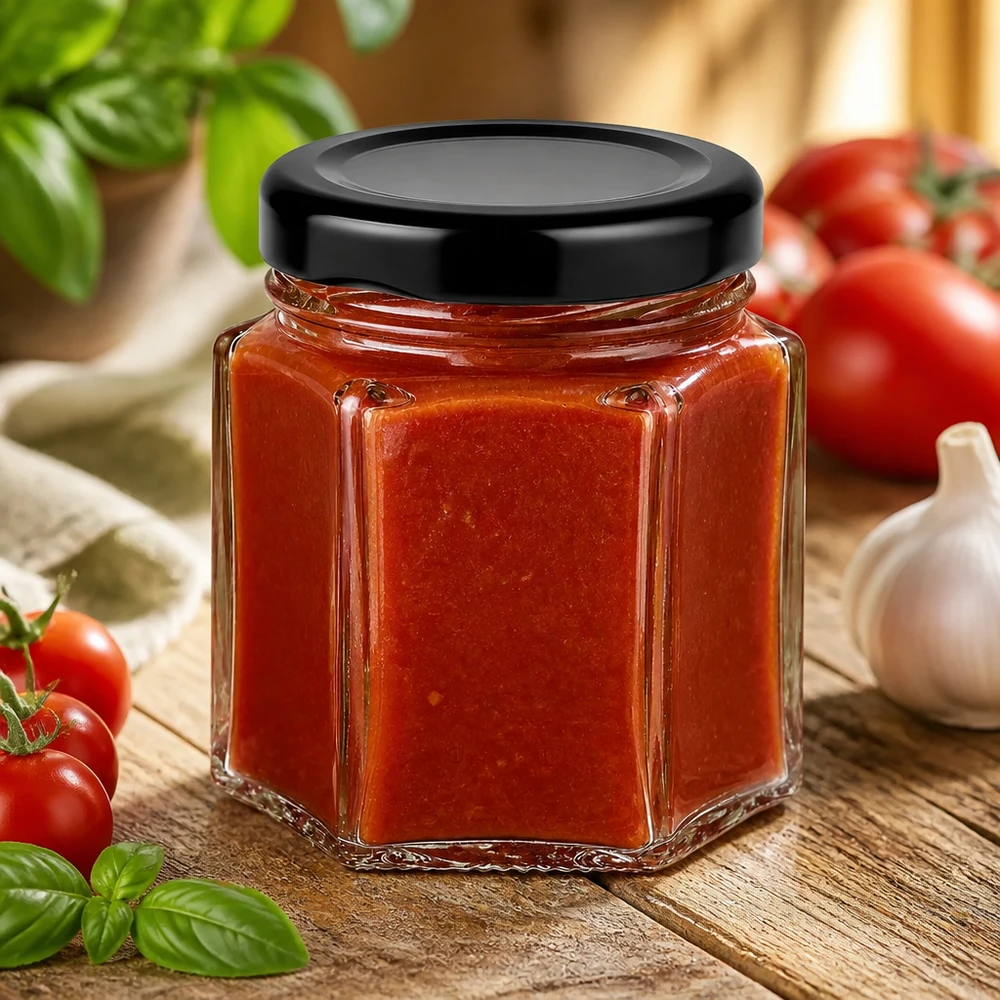 47ml Hexaglas 48er-Set mit Deckel (Deckelfarbe: schwarz) UNiTWIST Sechseckiges Vorratsglas 47ml schwarz gedeckelt für Tomatenprodukte UNiTWIST 48er Set