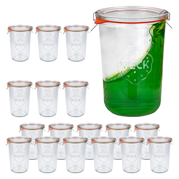 18er Set Weck Gläser 850ml, 3/4L Sturzgläser mit 18 Glasdeck