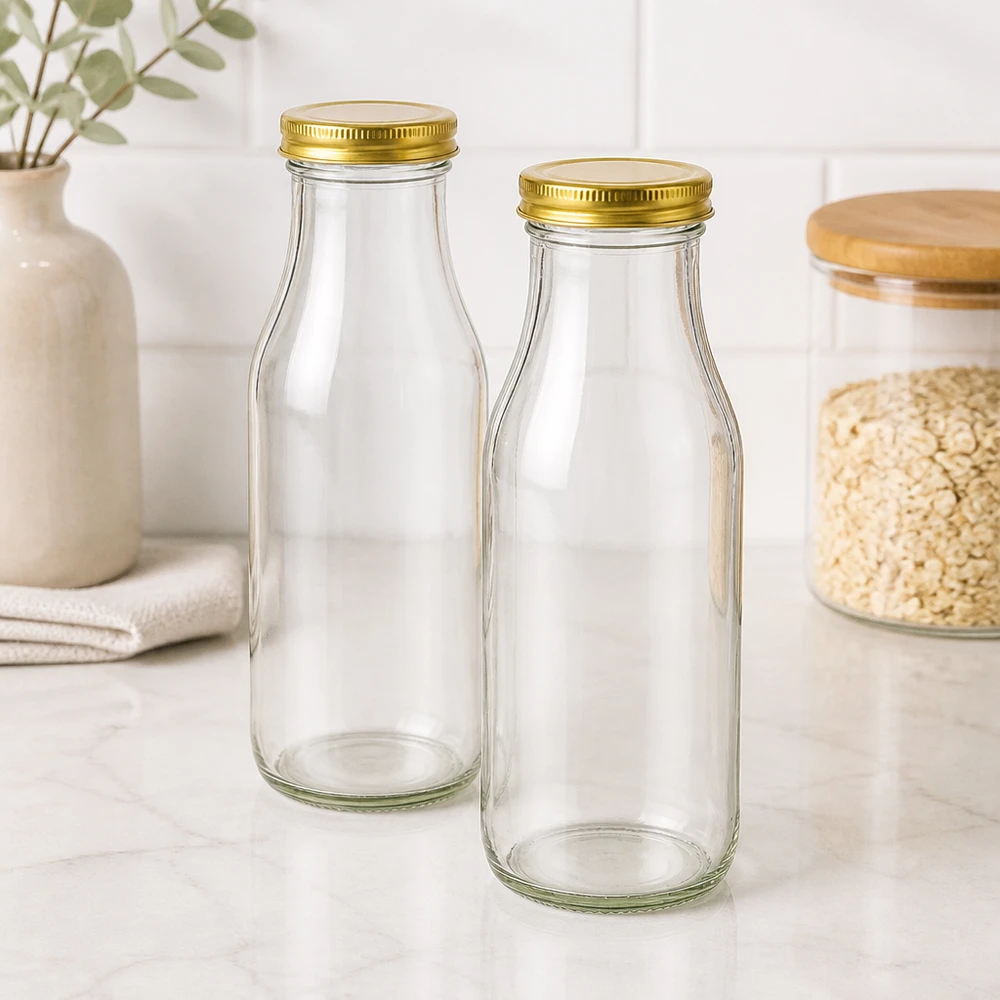 263ml Flasche mit BioSeal Deckel gold UNiTWIST Zwei UNiTWIST Bottle263 Glasflaschen mit goldenen TO43 BioSeal Deckeln in moderner Küche neben Haferflocken-Vorratsglas