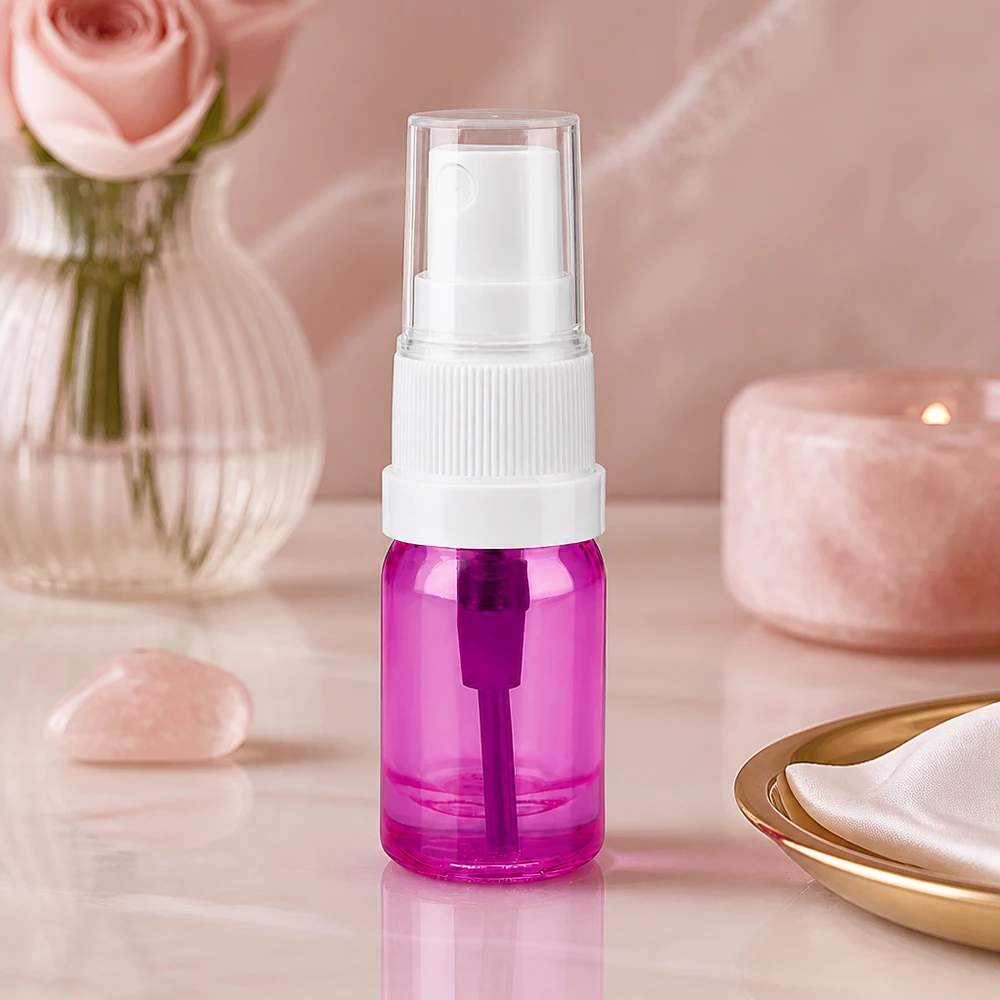 Stylische lila 5ml Sprühflasche mit funktionalem weißem Aufsatz für Beauty-Routines unterwegs