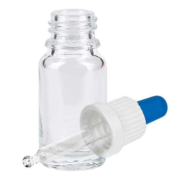 10ml Pipettenflasche weiß/blau Originalitätsverschluss ClearLine UT18/10 10ml Laborflasche aus Klarglas mit Glaskapillare und zweifarbigem Pipettenverschluss
