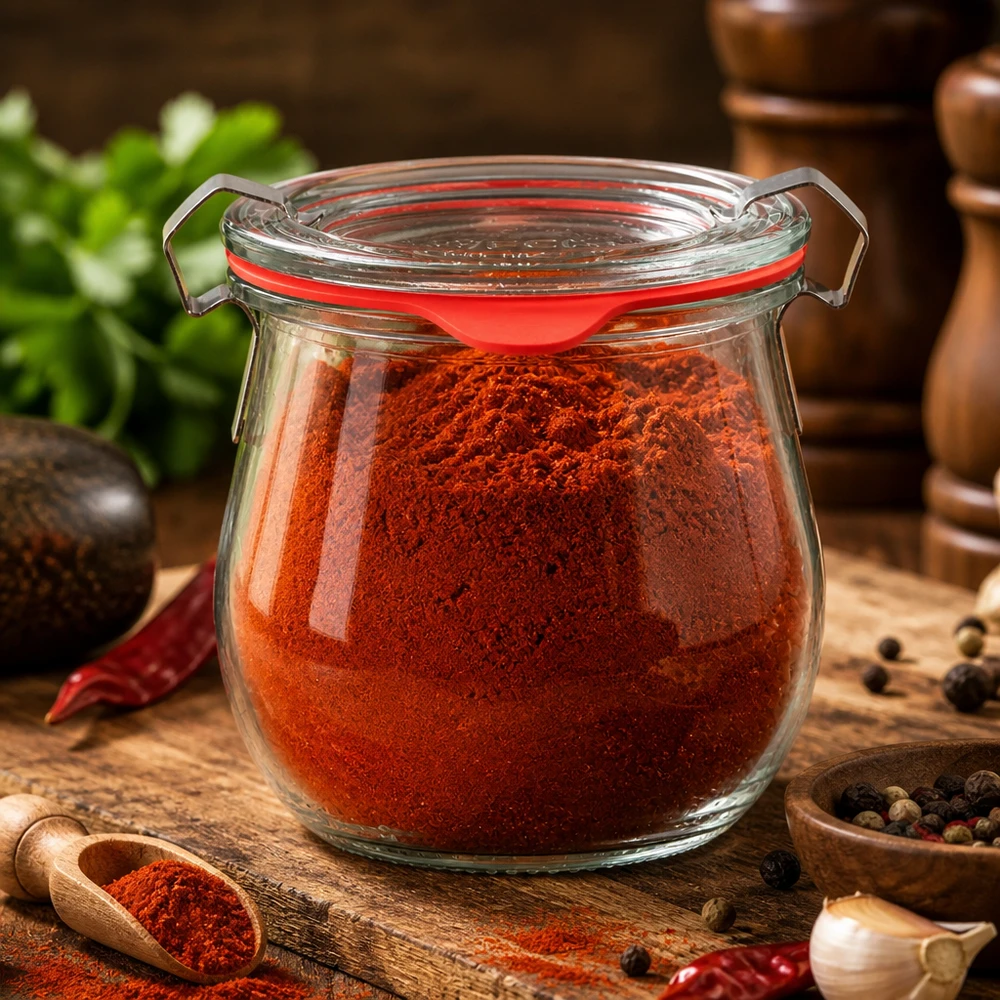 Gewürzglas Idee: WECK-Mini-Tulpenglas 220ml WECK Mini Tulpenglas 220ml Vorratsglas für Gewürze mit rotem Deckelrand auf rustikalem Holzuntergrund
