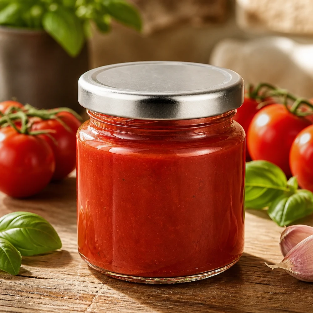 53ml Rundglas mit Silberdeckel gefüllt mit roter Tomatensauce neben frischem Gemüse UNiTWIST 48er-Set