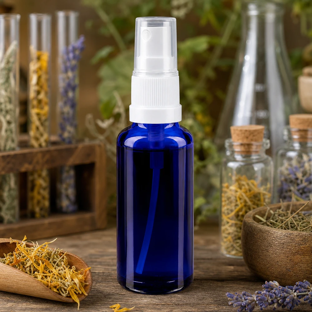 Apothekenflasche blau 30ml Sprayaufsatz weiß Blaue Apotheker Sprayflasche 30ml STD mit weißem Sprühkopf zwischen Heilpflanzen und Korkgläsern