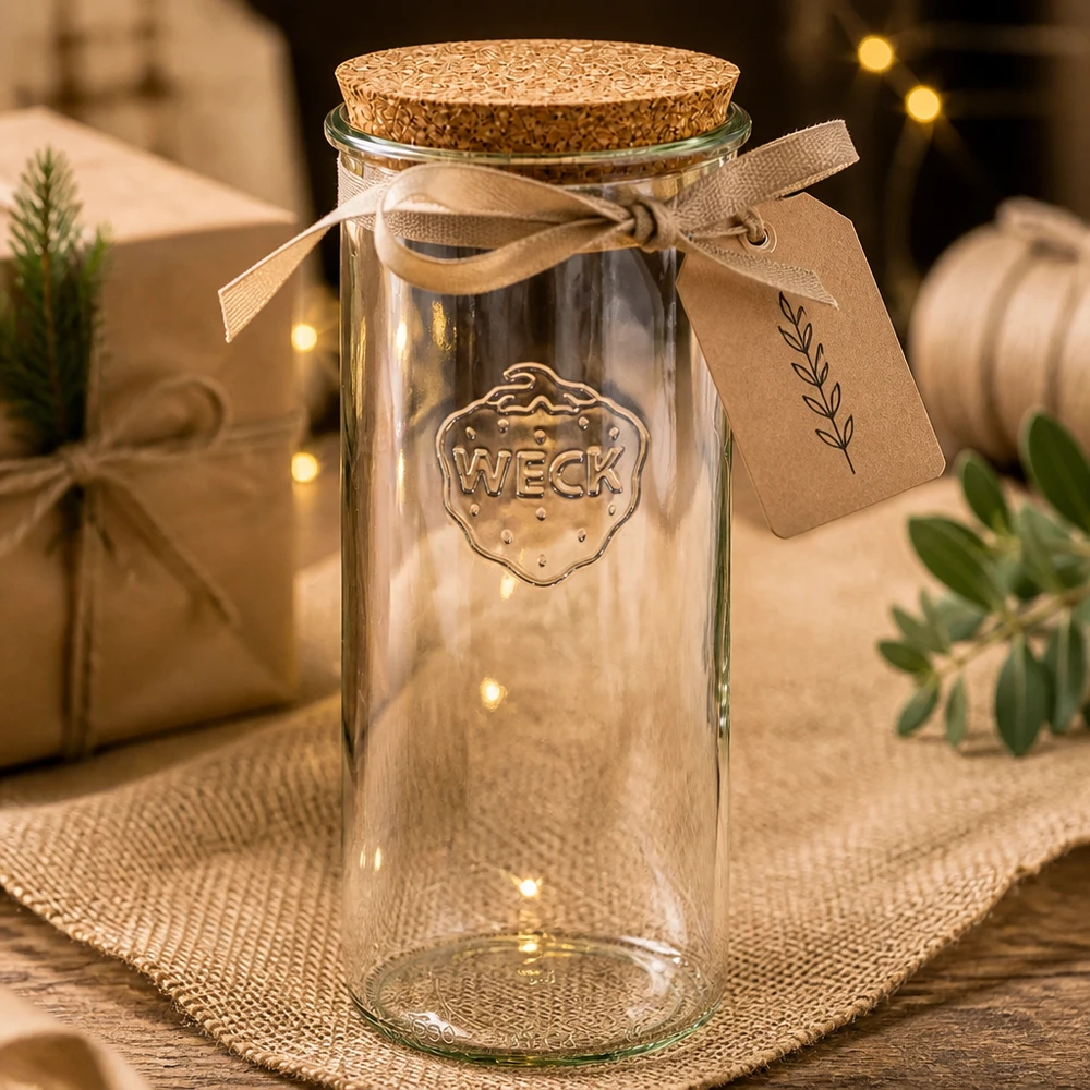 1500ml Sturzglas WECK RR100 mit Korken natur WECK Sturzglas 1500ml RR100 leer mit Korken Geschenkverpackung braunes Band Etikett Weihnachtsdeko