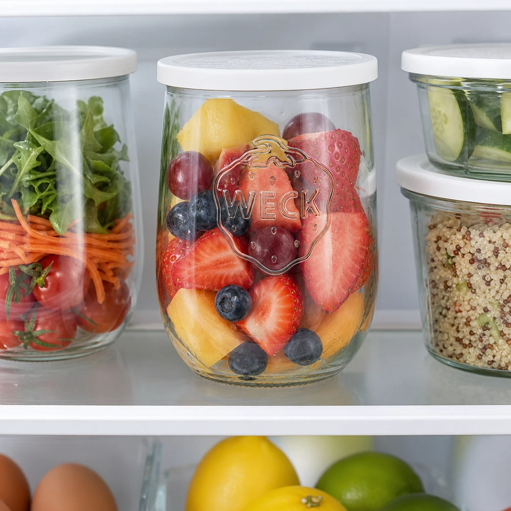 1062ml Tulpenglas mit Frischedeckel WECK RR100 WECK Tulpenglas 1062ml RR100 im Kühlschrank mit frischen Beeren und Obststücken zur Meal Prep Aufbewahrung