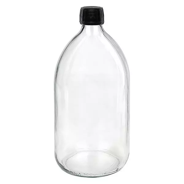 1000ml Medizinflasche klar, Verschluss schwarz mit Originalitätsring ApoGlas