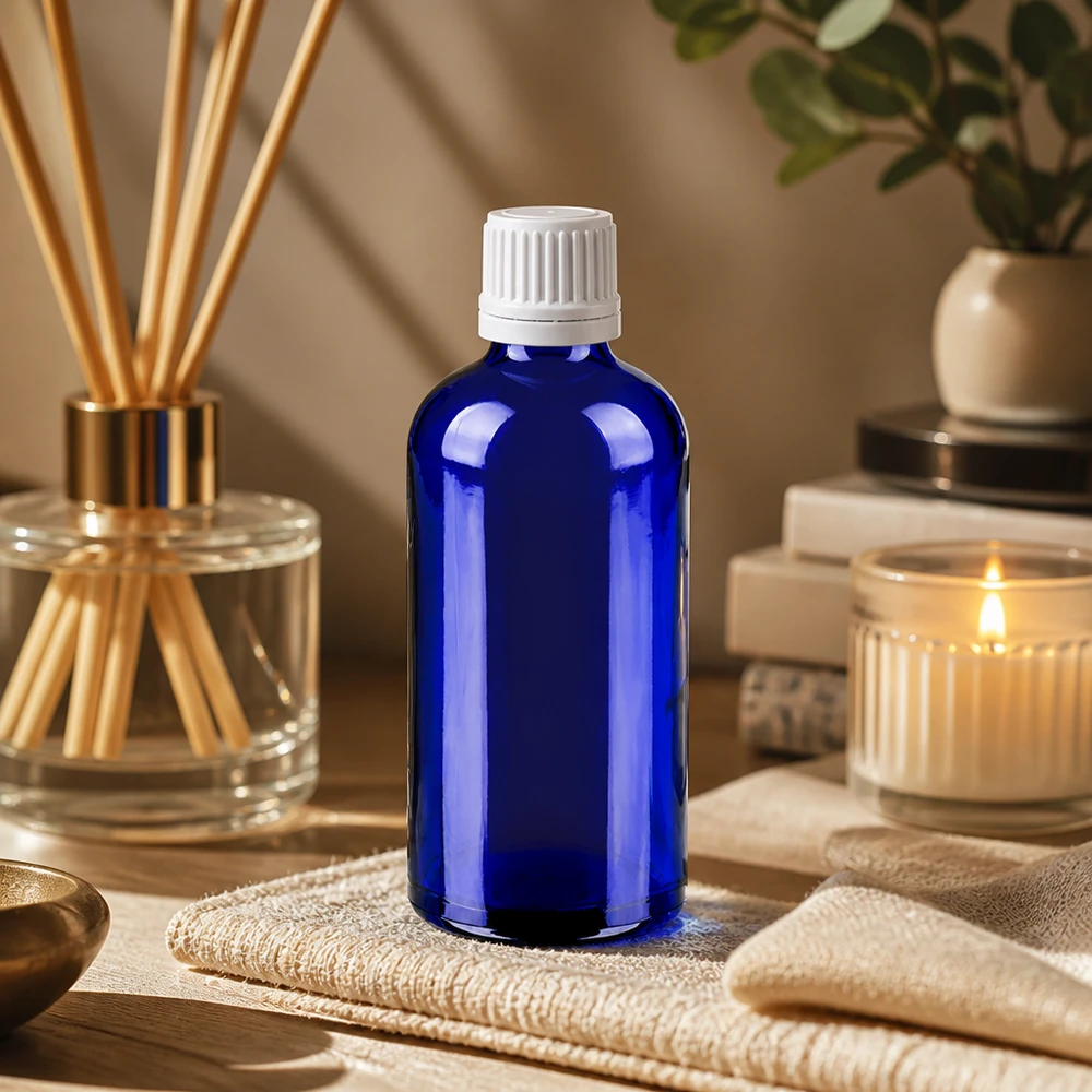 Professionelle 100ml Violettglasflasche mit weißem Schraubverschluss für Aromatherapie