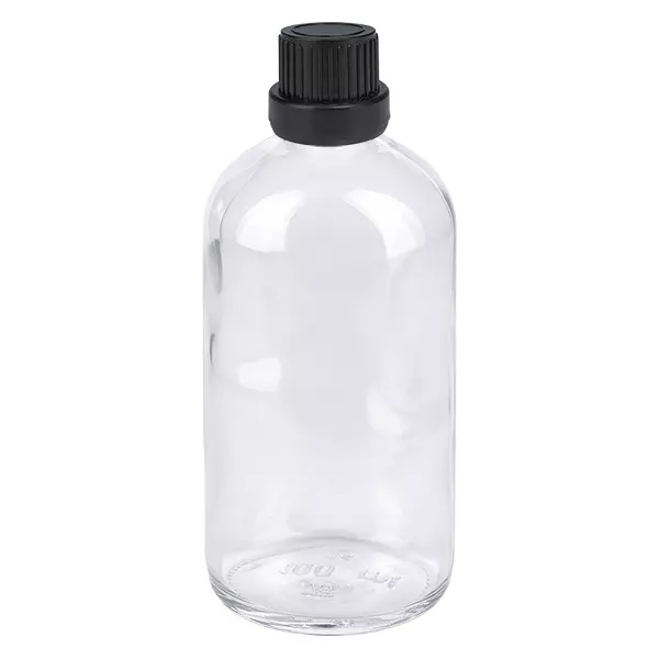 Pharmazeutische Klarglas Tropfflasche 100ml schwarzer OV-Verschluss 2mm Einsatz ClearLine