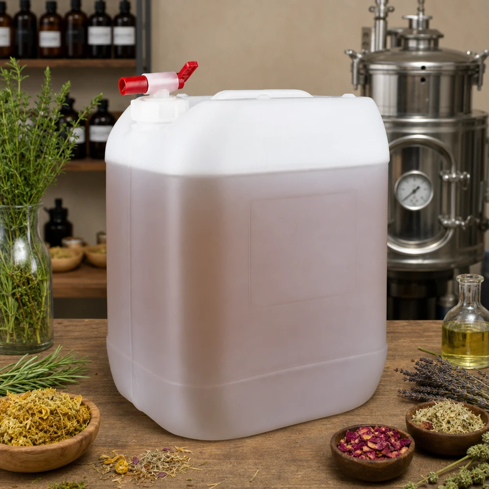 Kanister 20 Liter mit Auslaufhahn Quaderförmiger 20 Liter Lagerbehälter mit seitlichem Ablasshahn in der Aromatherapie-Produktion