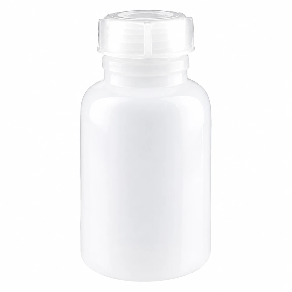 250ml Laborflasche Weithals mit Schraubverschluss Transparente 250ml Weithalsflasche aus Laborbedarf mit weißem Schraubverschluss