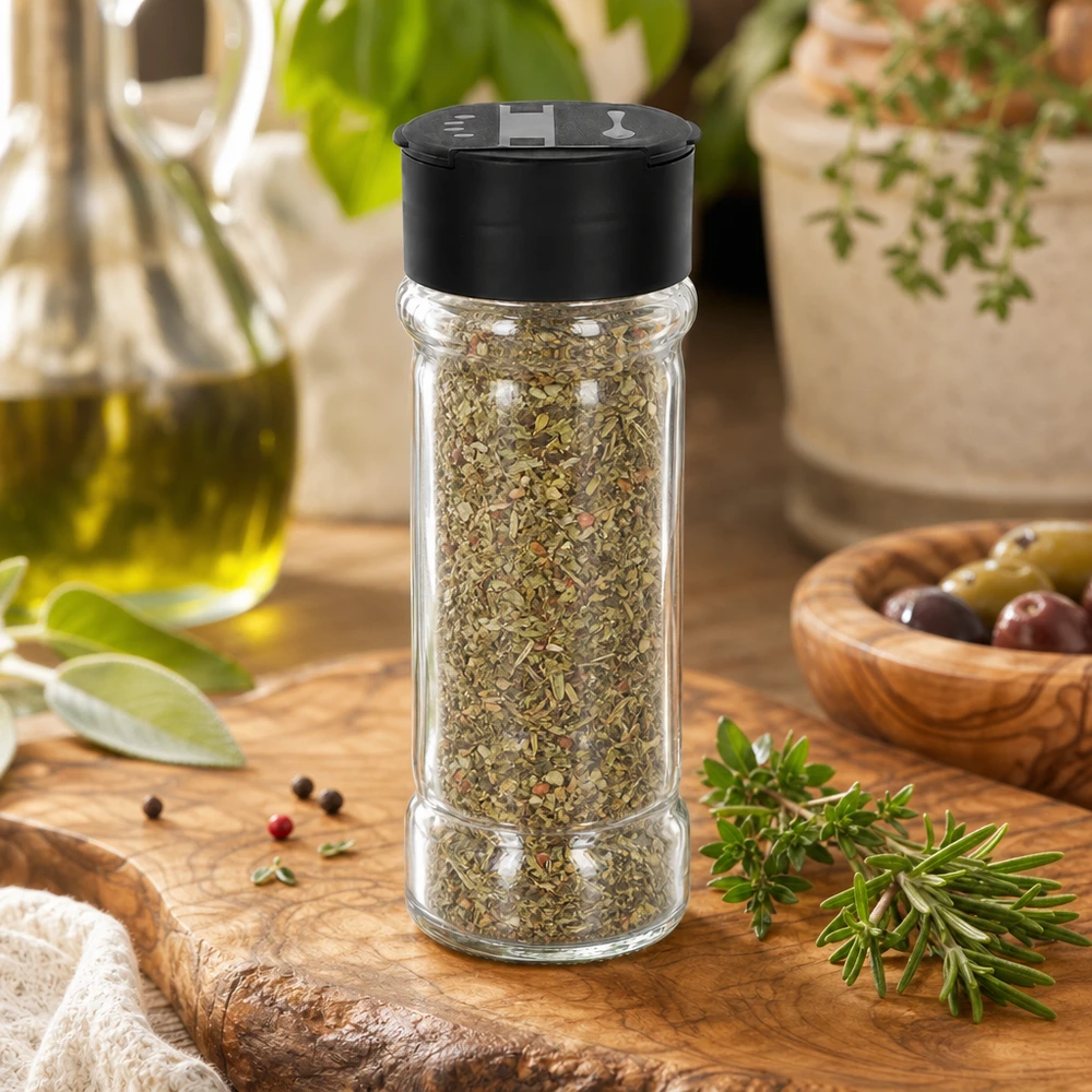 Salz-/Gewürzglas 100ml mit Doppelstreuer schwarz Zylindrisches Klarglas 100ml mit Kräutermischung und schwarzem Flip-Deckel in mediterranem Ambiente