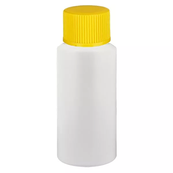 Apothekenflasche HDPE 20ml weiss, mit gelbem SV