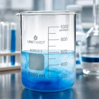 Transparentes Laborbecherglas 1000ml niedrige Form mit sich auflösender blauer Substanz