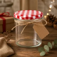350ml Sturzglas als Geschenkverpackung mit Juteschnur und Anhänger, rot-weiß karierter Deckel, weihnachtlich dekoriert