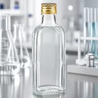 Leichtgewichtige 100ml Meplat Glasflasche klar mit gepresstem Goldverschluss PP22 Nahaufnahme
