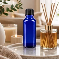 Zylindrische kobaltblaue Glasflasche 30ml mit geripptem Schwarzdeckel auf Marmor