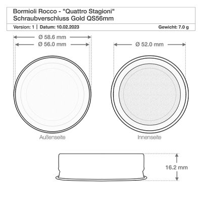 Technische Zeichnung Bormioli Rocco Quattro Stagioni Schraubverschluss Gold QS56mm mit Maßangaben und Gewicht