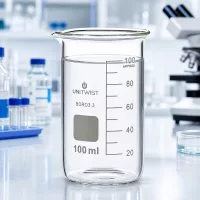 Becherglas 100ml hohe Form Borosilikat UNITWIST mit Wasserfüllung in professioneller Laborumgebung