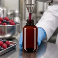 Beerensaft wird maschinell in lichtschuetzende braune 100ml PET Flasche abgefuellt