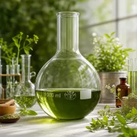1000ml Laborkolben Enghals in botanischem Setting für natürliche Wirkstoffforschung