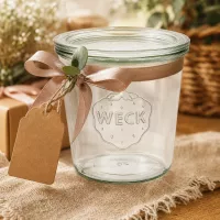 WECK Sturzglas 580ml RR100 dekoriert mit brauner Schleife und Geschenkanhänger als Geschenkverpackung Idee