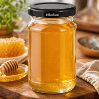 UNiTWIST Runda110 mit goldenem Honig gefüllt - schwarzer TO48 BioSeal Deckel - Honigglas mit Holzlöffel und Wabe