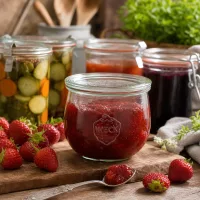 WECK Tulpenglas 580ml RR100 mit Erdbeermarmelade befüllt neben frischen Erdbeeren und eingelegtem Gemüse auf Holzbrett