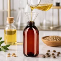 Kompakte 250ml PET Flasche mit grünem Verschluss und Trichter beim Abfüllen von Öl