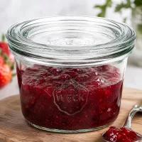 WECK Sturzglas 80ml RR60 mit roter Erdbeermarmelade gefüllt zeigt praktische Nutzung zum Einkochen von Konfitüre