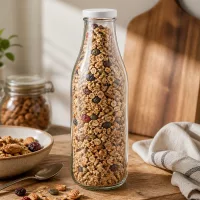 1000ml Glasflasche mit BasicSeal Deckel weiß gefüllt mit Müsli Granola Nüssen Trockenfrüchten Vorratshaltung