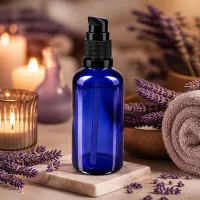 Kleine blaue Glasflasche mit schwarzer Pumpe 50ml ideal für ätherische Öle